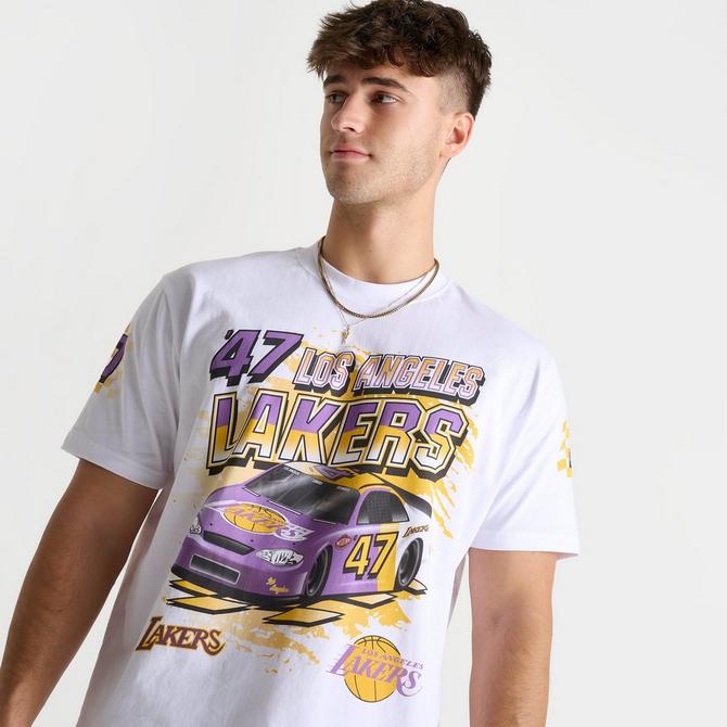 [angle] view of Men's Mitchell & Ness Los Angeles Lakers NBA Speedway Graphic T-Shirt in White Click to zoom