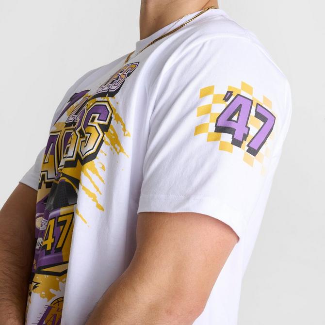 [angle] view of Men's Mitchell & Ness Los Angeles Lakers NBA Speedway Graphic T-Shirt in White Click to zoom