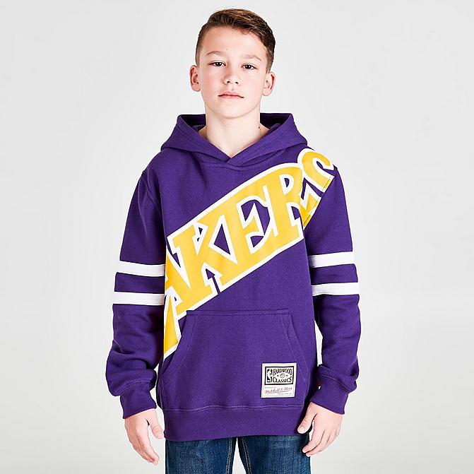 Front view of Boys' Mitchell & Ness Los Angeles Lakers NBA Hardwood Classics Big Face Hoodie in Purple Click to zoom