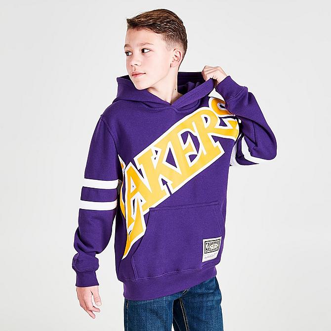 Back Left view of Boys' Mitchell & Ness Los Angeles Lakers NBA Hardwood Classics Big Face Hoodie in Purple Click to zoom