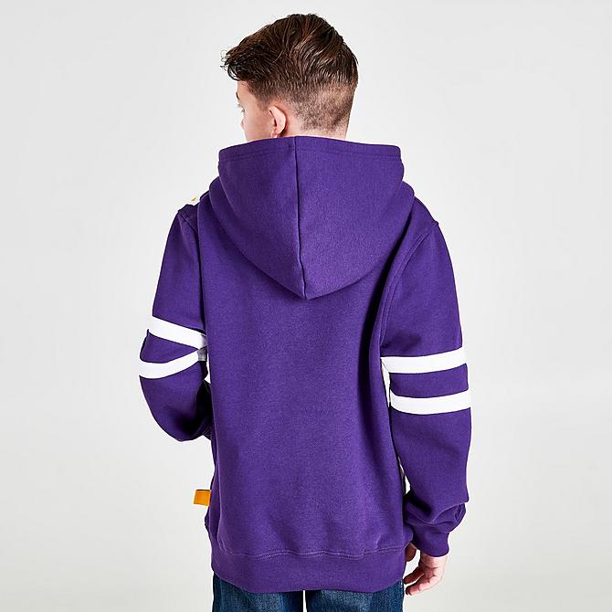 Back Right view of Boys' Mitchell & Ness Los Angeles Lakers NBA Hardwood Classics Big Face Hoodie in Purple Click to zoom
