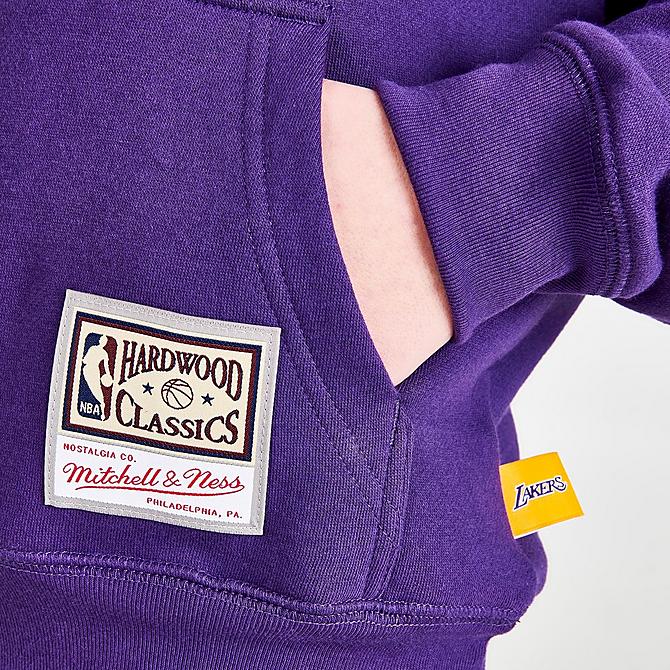 On Model 5 view of Boys' Mitchell & Ness Los Angeles Lakers NBA Hardwood Classics Big Face Hoodie in Purple Click to zoom