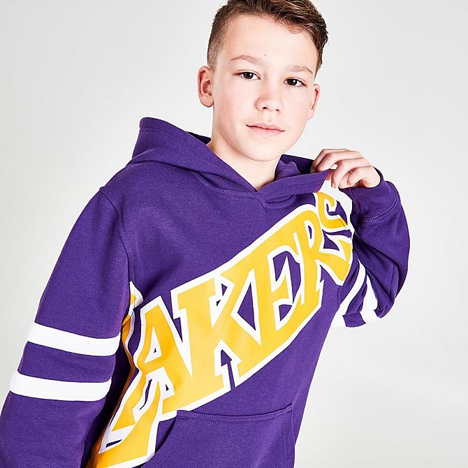 On Model 6 view of Boys' Mitchell & Ness Los Angeles Lakers NBA Hardwood Classics Big Face Hoodie in Purple Click to zoom