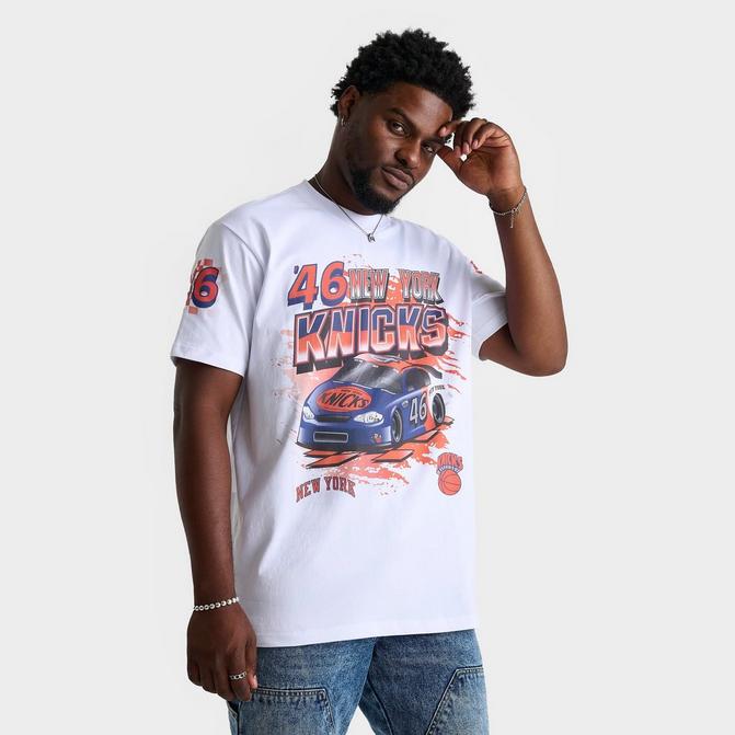 [angle] view of Men's Mitchell & Ness New York Knicks NBA Speedway Graphic T-Shirt in White Click to zoom