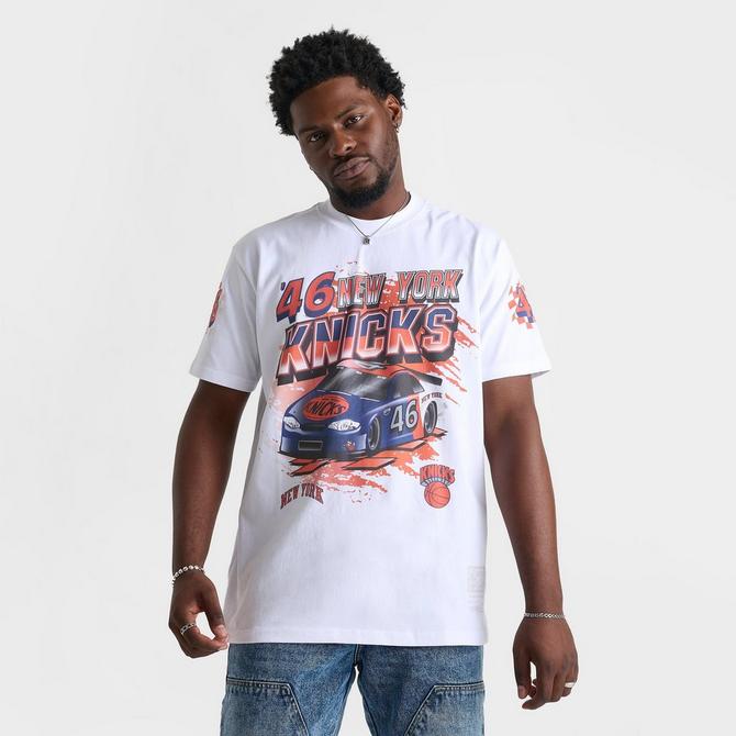 [angle] view of Men's Mitchell & Ness New York Knicks NBA Speedway Graphic T-Shirt in White Click to zoom