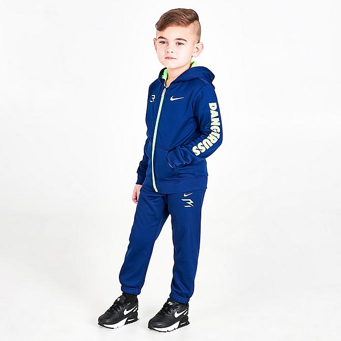 Front view of Kids' Toddler Nike RW3 Therma-FIT Full-Zip Hoodie and Jogger Pants Set in Blue Void/Green Strike Click to zoom