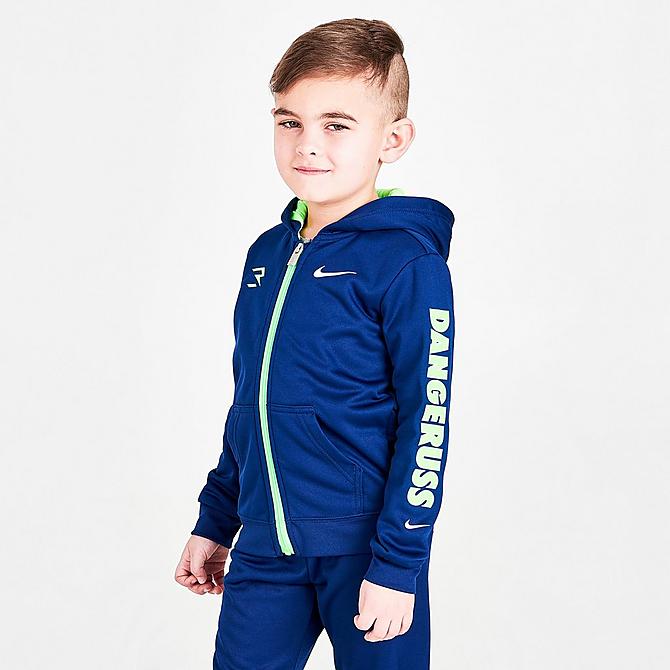 Back Right view of Kids' Toddler Nike RW3 Therma-FIT Full-Zip Hoodie and Jogger Pants Set in Blue Void/Green Strike Click to zoom