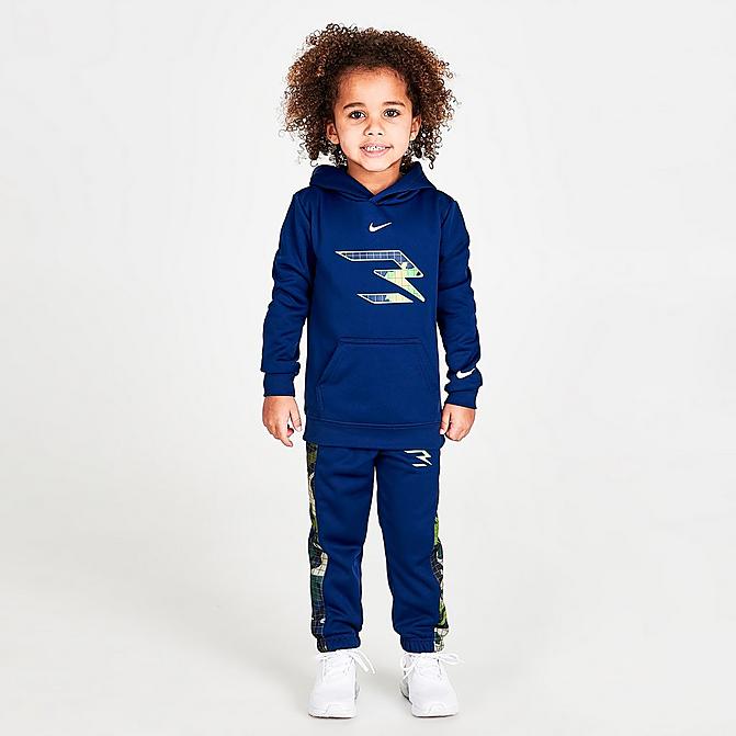 Front view of Boys' Toddler Nike Therma-FIT RW3 Hoodie and Jogger Pants Set in Blue Void/Green Strike/Blue Camo Click to zoom