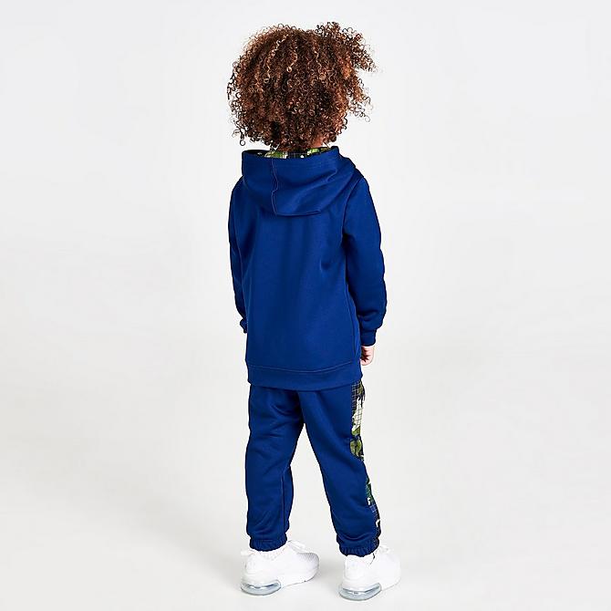 Front Three Quarter view of Boys' Toddler Nike Therma-FIT RW3 Hoodie and Jogger Pants Set in Blue Void/Green Strike/Blue Camo Click to zoom