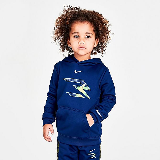 Back Left view of Boys' Toddler Nike Therma-FIT RW3 Hoodie and Jogger Pants Set in Blue Void/Green Strike/Blue Camo Click to zoom