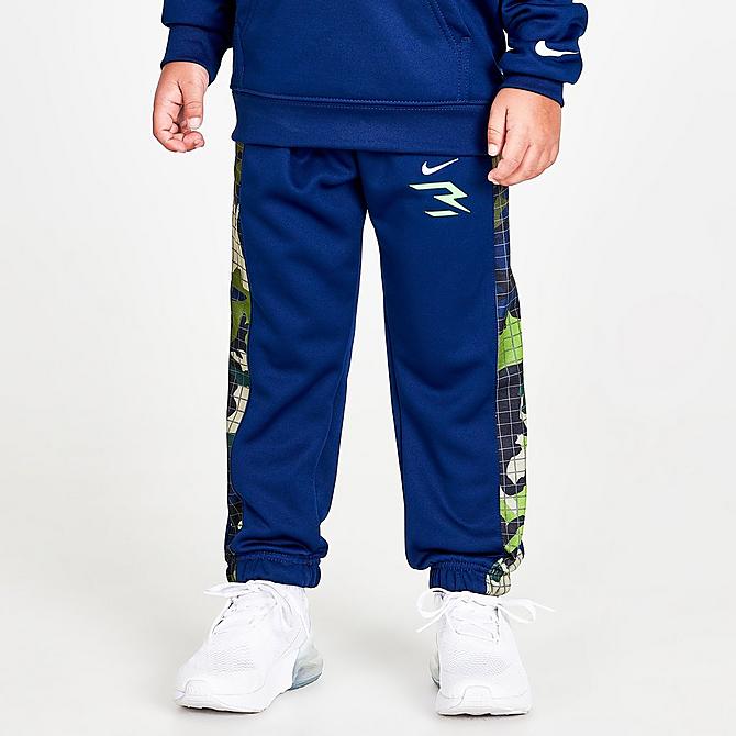 Back Right view of Boys' Toddler Nike Therma-FIT RW3 Hoodie and Jogger Pants Set in Blue Void/Green Strike/Blue Camo Click to zoom