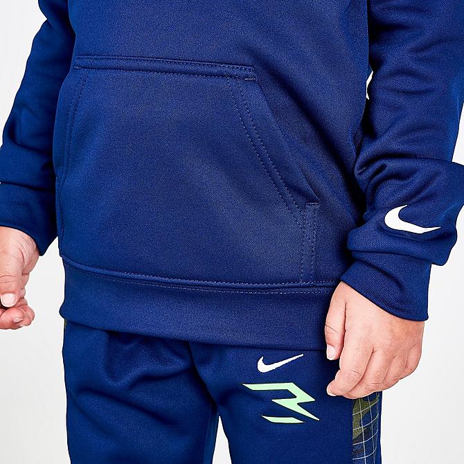 On Model 5 view of Boys' Toddler Nike Therma-FIT RW3 Hoodie and Jogger Pants Set in Blue Void/Green Strike/Blue Camo Click to zoom