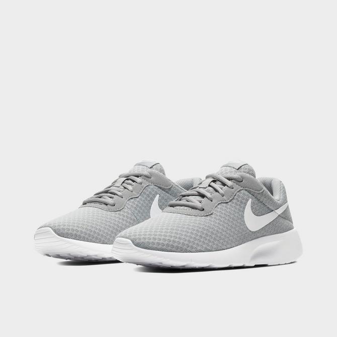 Three Quarter view of Boys' Big Kids' Nike Tanjun Casual Shoes in Wolf Grey/White/White Click to zoom