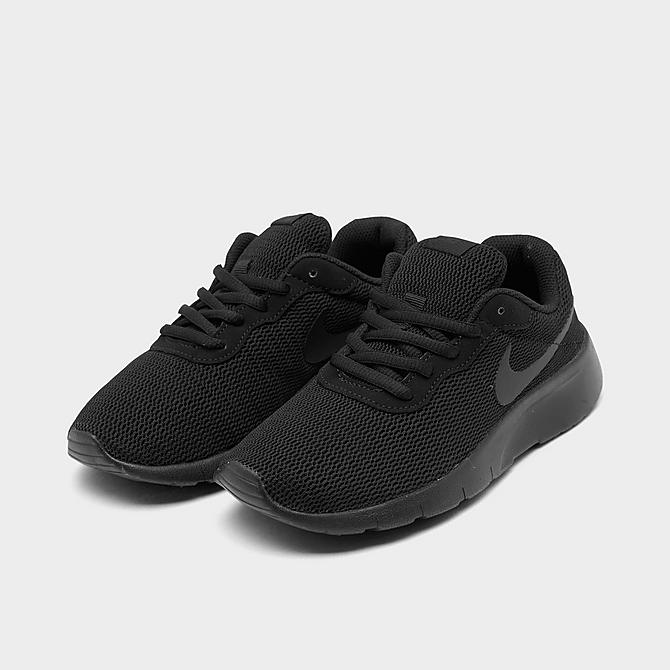 Three Quarter view of Boys' Little Kids' Nike Tanjun Casual Shoes in Black/Black Click to zoom