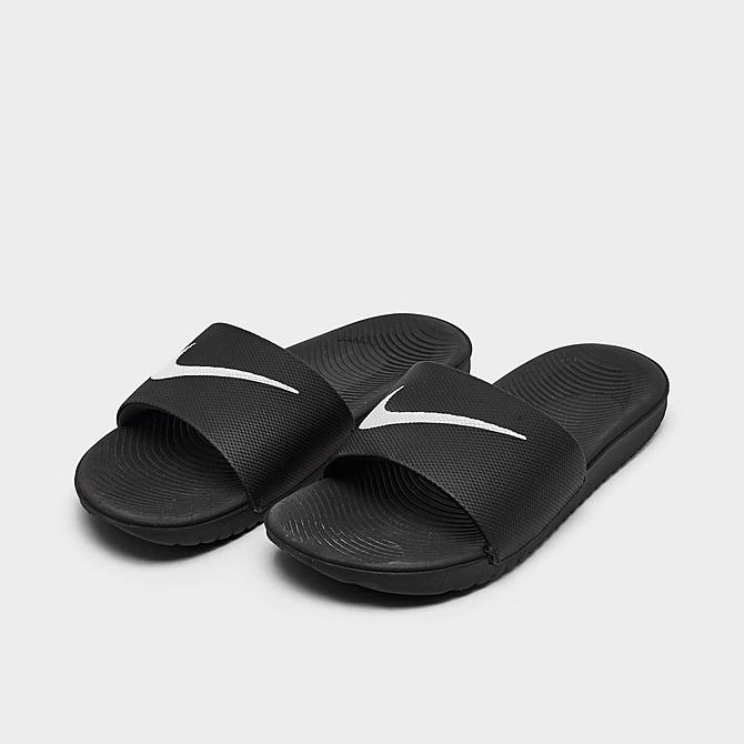 Three Quarter view of Little Kids' Nike Kawa Slide Sandals in Black/White Click to zoom