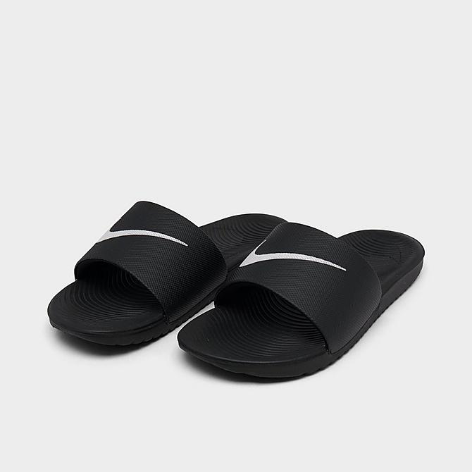 Three Quarter view of Big Kids' Nike Kawa Slide Sandals in Black/White Click to zoom