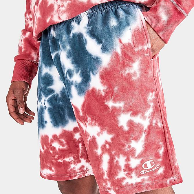 On Model 5 view of Men's Champion Classic Fleece Unity Dye Shorts in Red/Blue/White Click to zoom