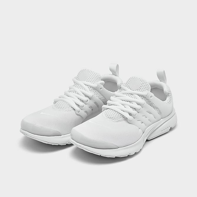 Three Quarter view of Boys' Big Kids' Nike Presto Casual Shoes in White/White/White Click to zoom