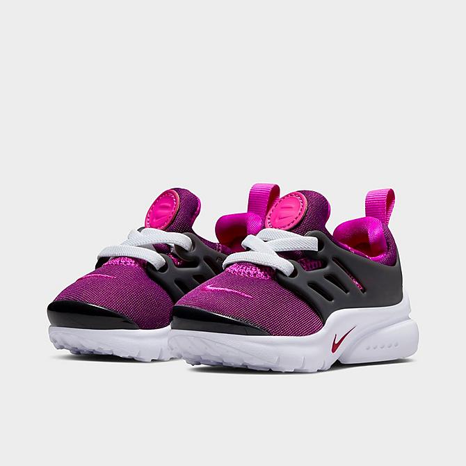 Three Quarter view of Girls' Toddler Nike Little Presto Stretch Lace Casual Shoes in Sangria/Pink Prime/Off Noir/White Click to zoom