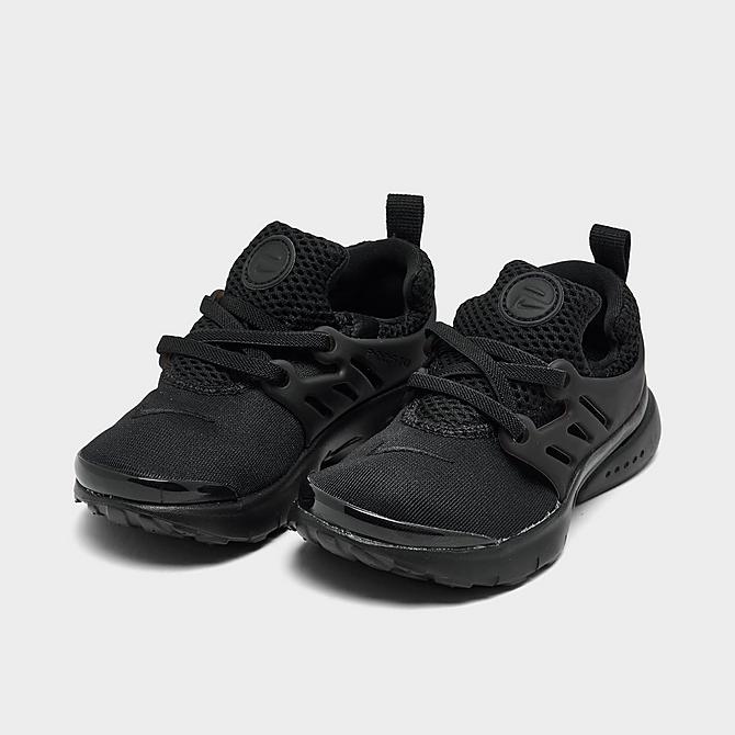 Three Quarter view of Boys' Toddler Nike Little Presto Casual Shoes in Black/Black/Black Click to zoom