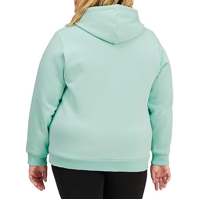 Front Three Quarter view of Women's Puma Essentials Logo Fleece Hoodie (Plus Size) in Eggshell Blue/Ivory Click to zoom