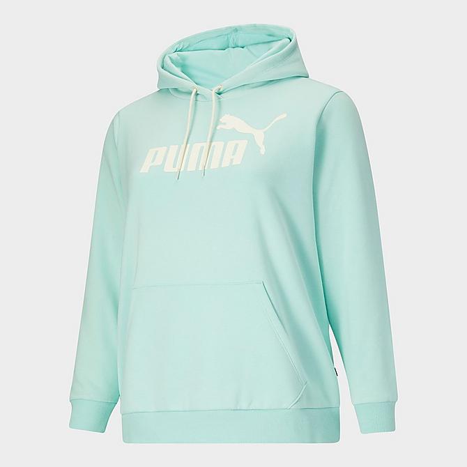Back Left view of Women's Puma Essentials Logo Fleece Hoodie (Plus Size) in Eggshell Blue/Ivory Click to zoom