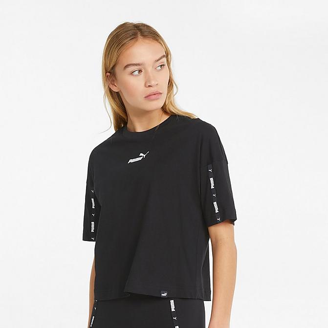 Front view of Women's Puma Power Tape Cropped T-Shirt in Puma Black Click to zoom