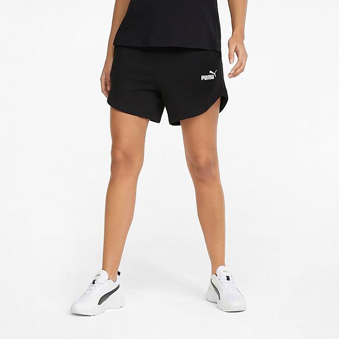 Front Three Quarter view of Women's Puma Essentials High-Waist 5 Inch Shorts in Puma Black Click to zoom