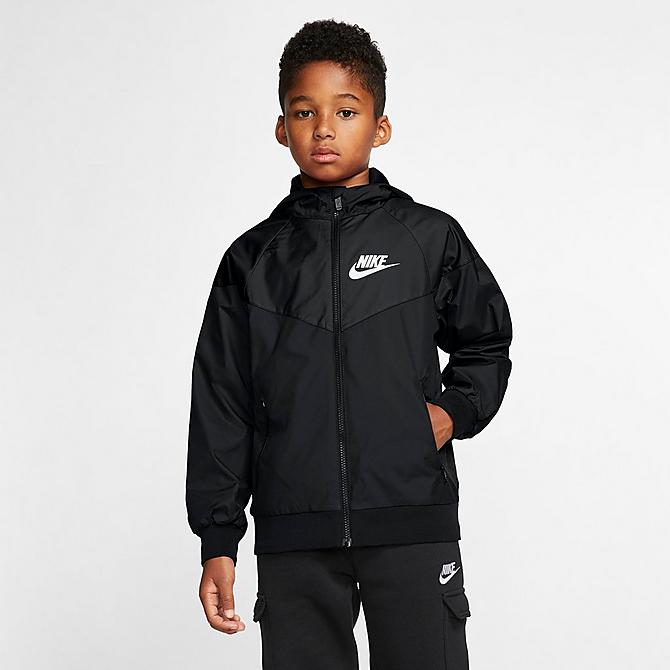 Front view of Boys' Nike Sportswear Windrunner Jacket in Black/Black/White Click to zoom
