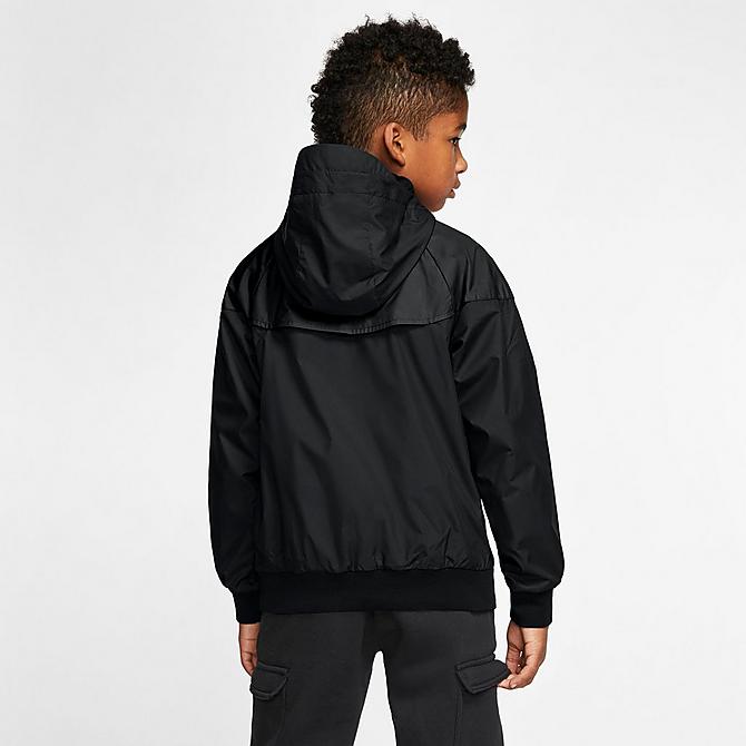 Front Three Quarter view of Boys' Nike Sportswear Windrunner Jacket in Black/Black/White Click to zoom