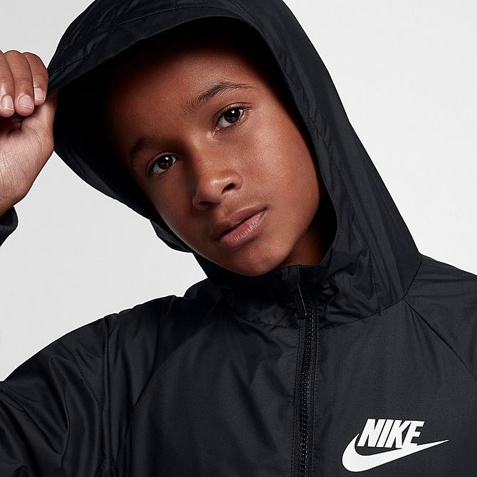 Back Right view of Boys' Nike Sportswear Windrunner Jacket in Black/Black/White Click to zoom