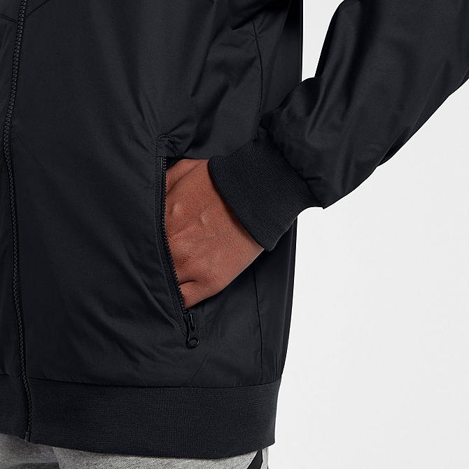 On Model 5 view of Boys' Nike Sportswear Windrunner Jacket in Black/Black/White Click to zoom