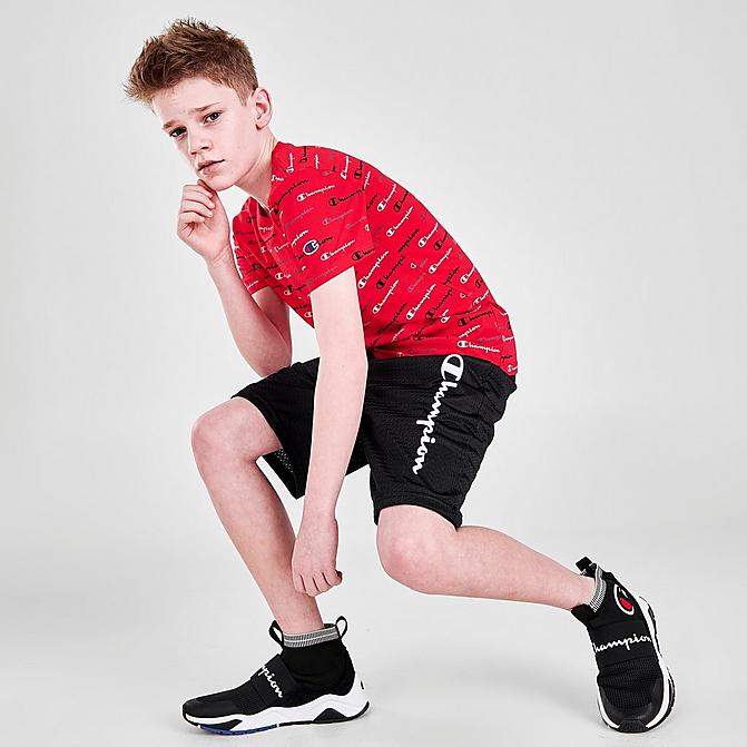 Front view of Kids' Champion Vertical Script Mesh Shorts in Black Click to zoom
