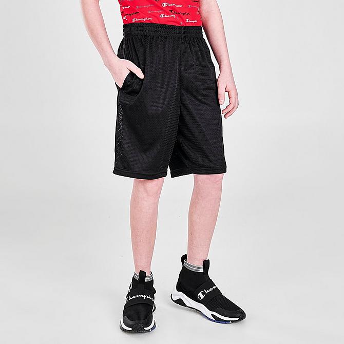 Back Left view of Kids' Champion Vertical Script Mesh Shorts in Black Click to zoom