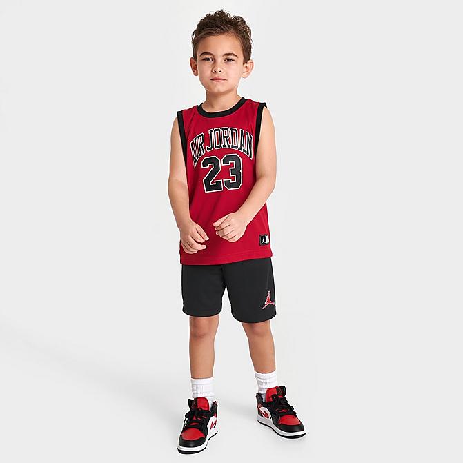 Front view of Boys' Little Kids' Jordan HBR Muscle Tank and Shorts Set in Red/Black Click to zoom