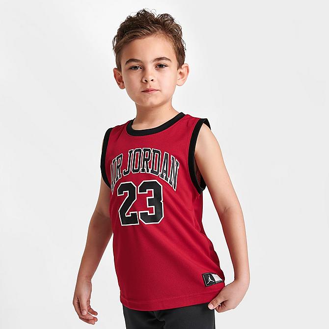 Back Left view of Boys' Little Kids' Jordan HBR Muscle Tank and Shorts Set in Red/Black Click to zoom