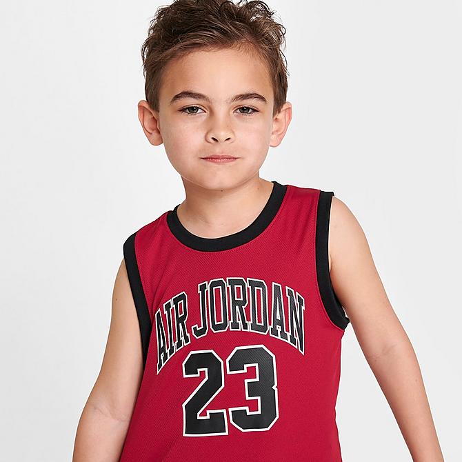 On Model 5 view of Boys' Little Kids' Jordan HBR Muscle Tank and Shorts Set in Red/Black Click to zoom