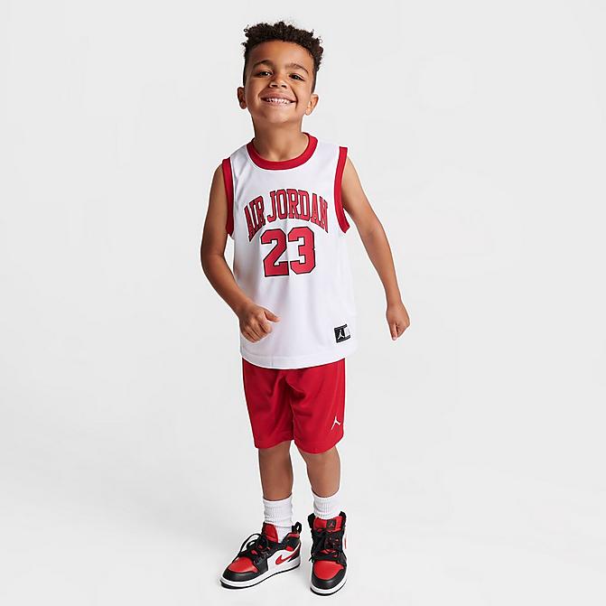 Front view of Boys' Little Kids' Jordan HBR Muscle Tank and Shorts Set in White/Red Click to zoom
