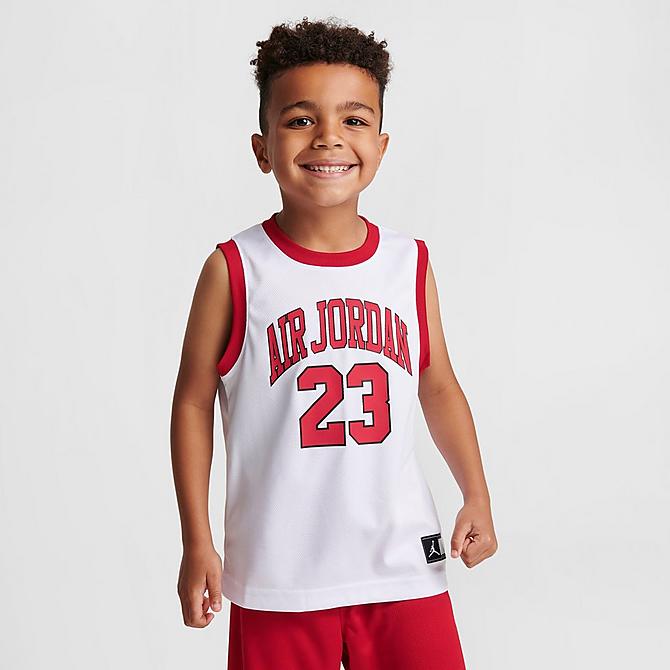 Back Left view of Boys' Little Kids' Jordan HBR Muscle Tank and Shorts Set in White/Red Click to zoom