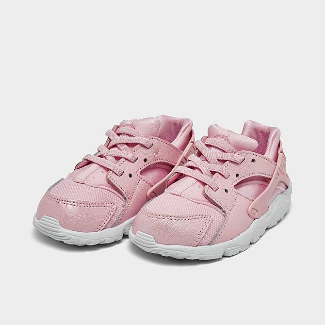 Three Quarter view of Girls' Toddler Nike Huarache Run SE Casual Shoes in Prism Pink/White Click to zoom