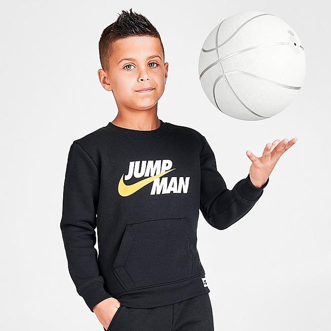 Front view of Boys' Little Kids' Jordan Jumpman by Nike Crewneck Sweatshirt in Black Click to zoom