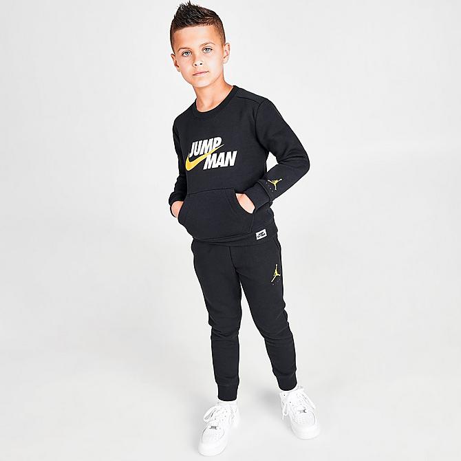 Front Three Quarter view of Boys' Little Kids' Jordan Jumpman by Nike Crewneck Sweatshirt in Black Click to zoom