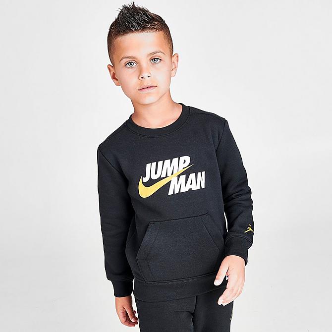 Back Left view of Boys' Little Kids' Jordan Jumpman by Nike Crewneck Sweatshirt in Black Click to zoom