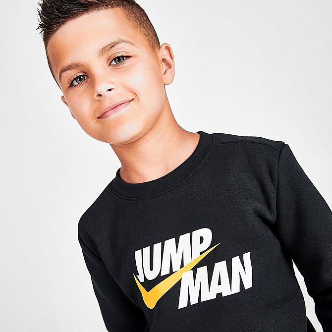 On Model 5 view of Boys' Little Kids' Jordan Jumpman by Nike Crewneck Sweatshirt in Black Click to zoom