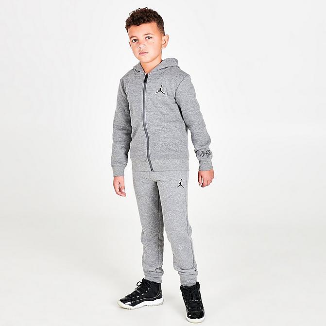Front view of Boys' Little Kids' Jordan Essentials Full-Zip Hoodie and Jogger Pants Set in Carbon Heather/Black Click to zoom