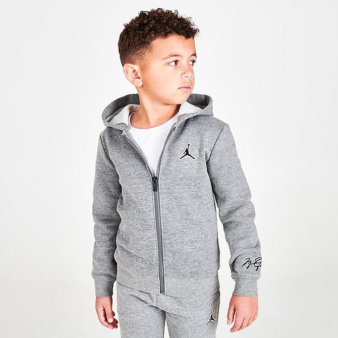 Back Left view of Boys' Little Kids' Jordan Essentials Full-Zip Hoodie and Jogger Pants Set in Carbon Heather/Black Click to zoom