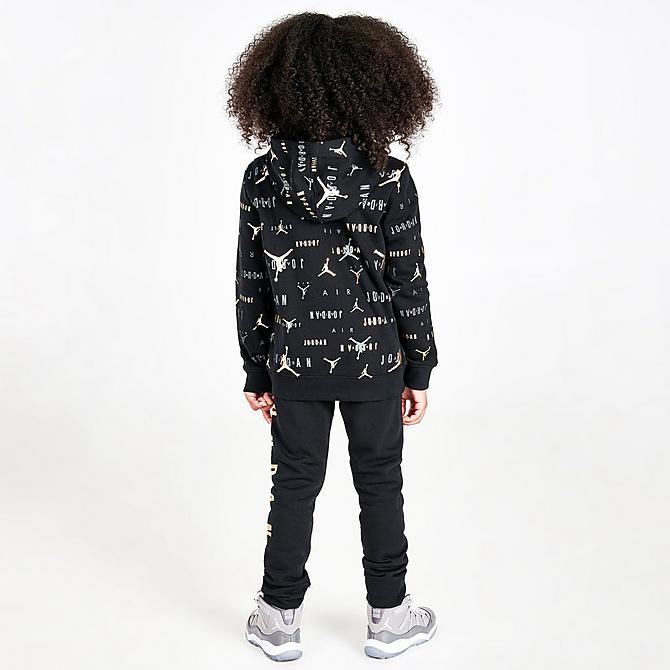 Front Three Quarter view of Boys' Little Kids' Jordan Highlight Allover Print Fleece Hoodie and Jogger Pants Set in Black/Gold Click to zoom