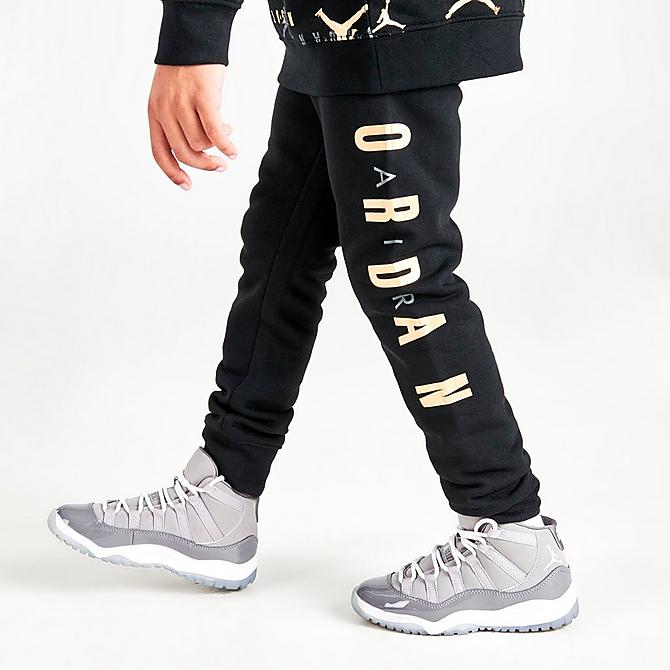 Back Right view of Boys' Little Kids' Jordan Highlight Allover Print Fleece Hoodie and Jogger Pants Set in Black/Gold Click to zoom