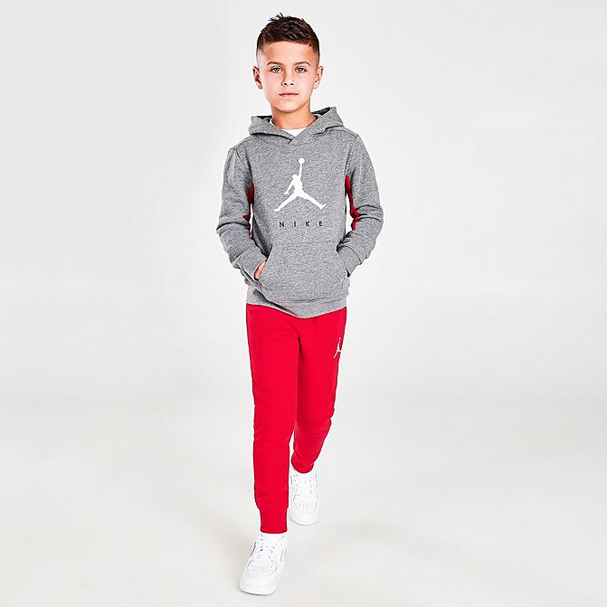 Front view of Boys' Little Kids' Jordan Jumpman by Nike 3-Piece Hoodie, T-Shirt and Jogger Pants Set in White/Red/Grey Click to zoom