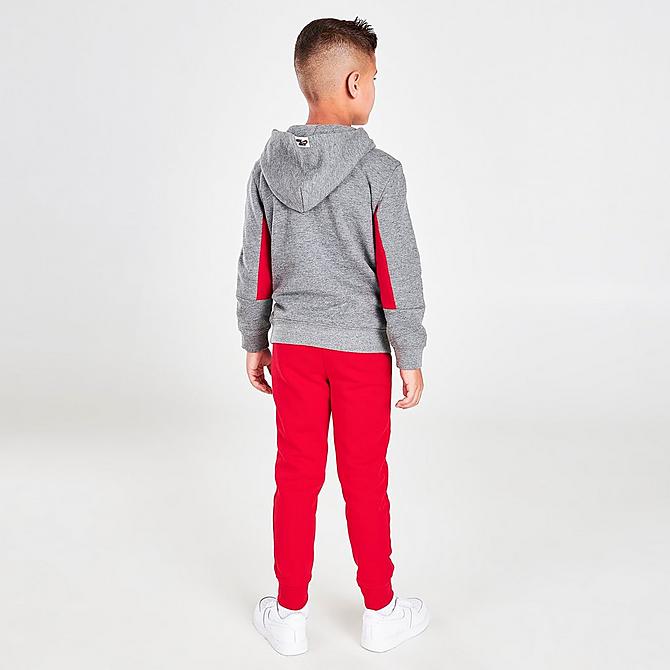 Front Three Quarter view of Boys' Little Kids' Jordan Jumpman by Nike 3-Piece Hoodie, T-Shirt and Jogger Pants Set in White/Red/Grey Click to zoom